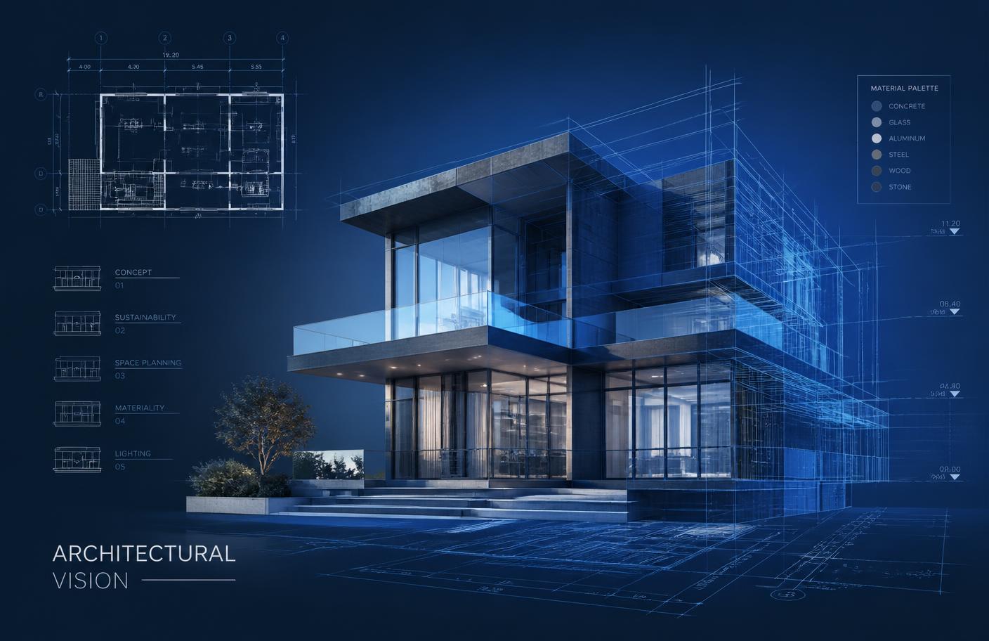 Architectural 3D building concept blended with engineering blueprints